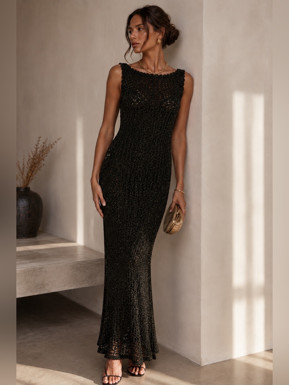 Vintage Simon Chang Black & Gold Metallic Crochet Knit Maxi Dress | Size L